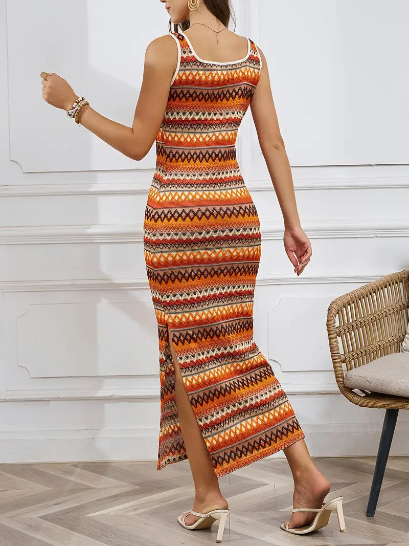 Vestido maxi de malha listrado