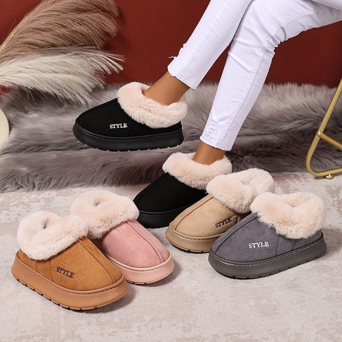 1 Pair of Womens Winter Plush Soft Sole Shoes with Full Coverage Lightweight Flat Quiet Comfortable Breathable Warm Absorbent EVA High Elasticity Thick Soles NonSlip Essential for Home and Outdoor Travel